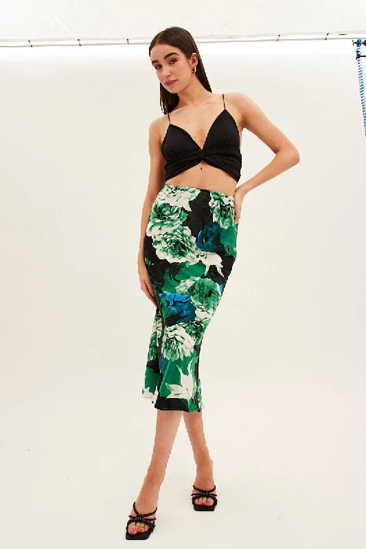 Green Floral Slip Skirt Midi Floral Satin