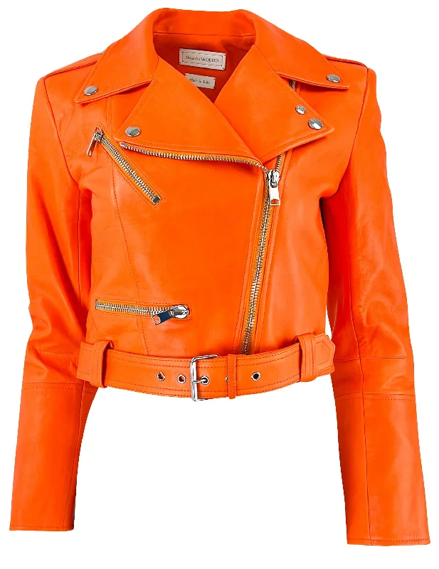 Alexander McQueen Cropped Leather Biker Jacket in Sunset Orange