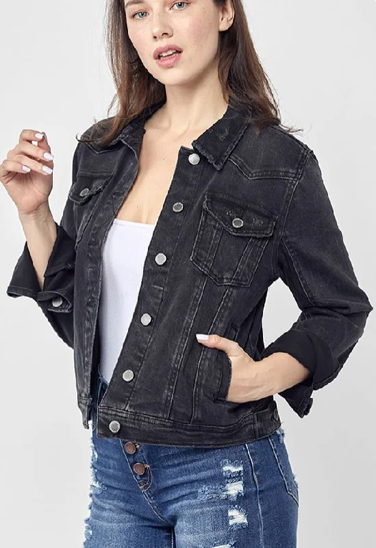 Plus Solid Black Classic Denim Jacket