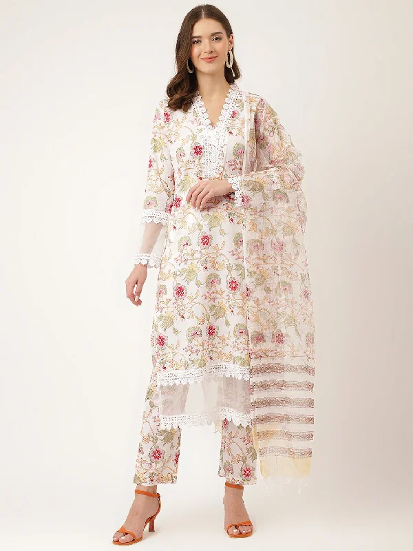 White Hand Block Floral Print Cotton  Kurta, Trouser With Dupatta